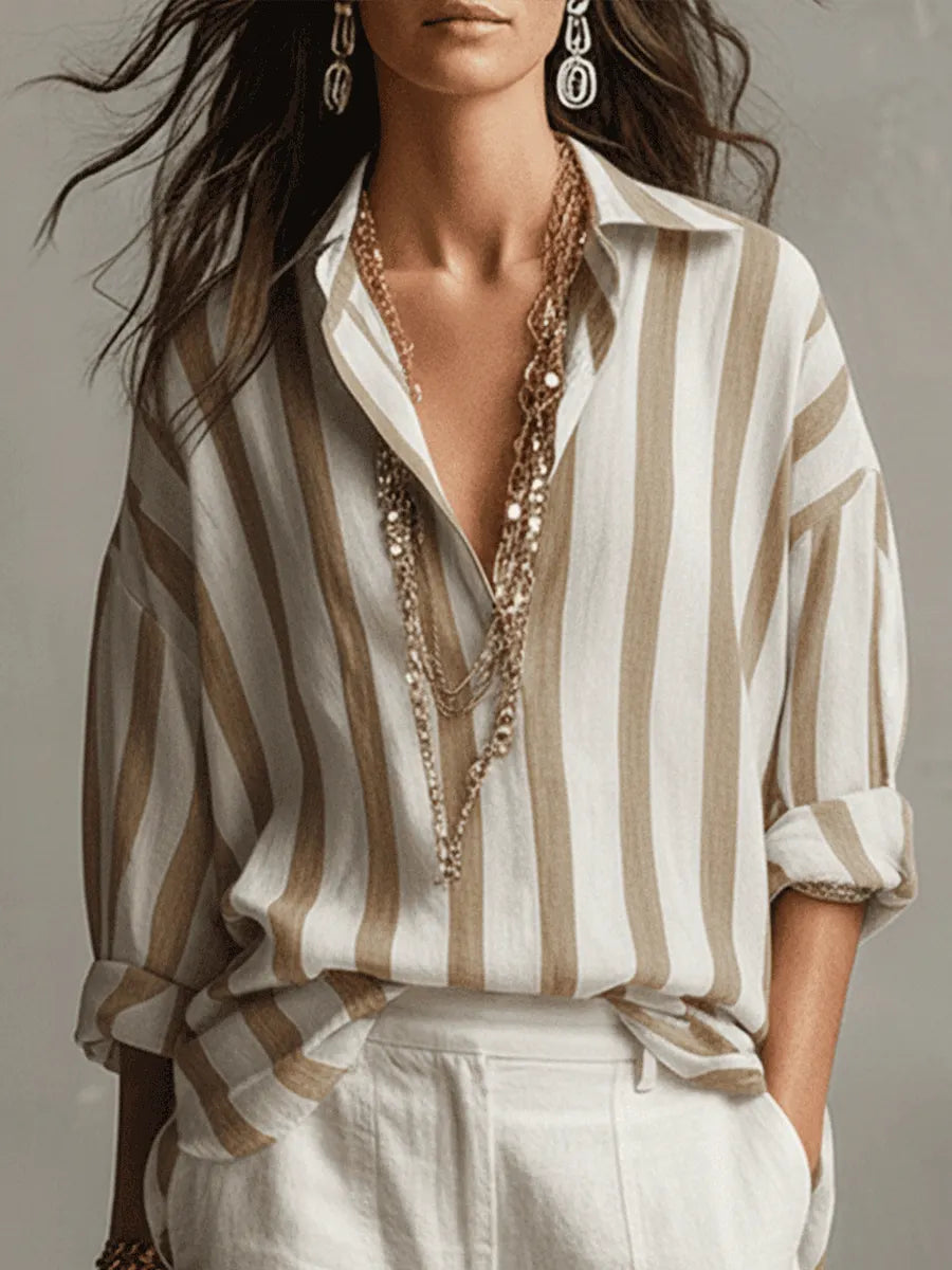 Casual Striped Cotton And Linen Long-Sleeved Shirt