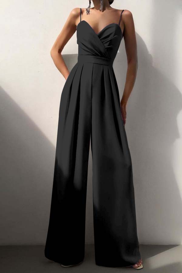 Cocoslly Chic Lilac Sweetheart Spaghetti Strap Sleeveless Pleated Long Wid-Leg Jumpsuit