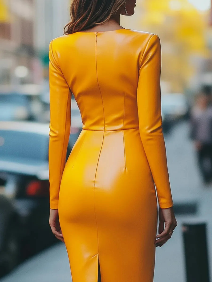 Bright Orange Faux Leather Bodycon Dress