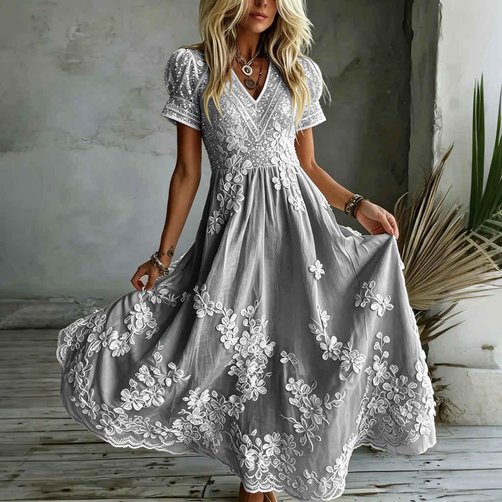 Women's White Rose Art Embroidered Linen Blend V Neck Maxi Dress