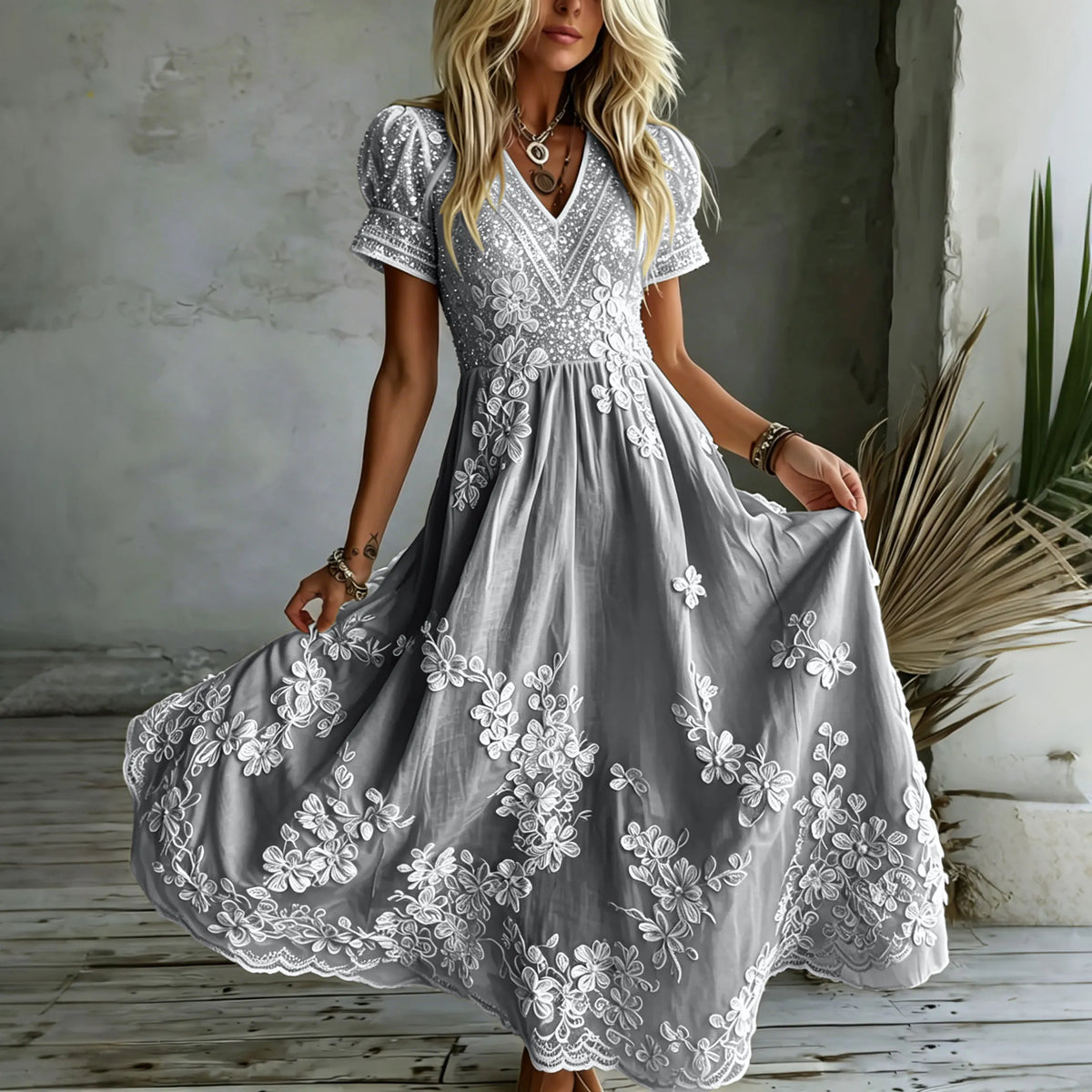 Women's White Rose Art Embroidered Linen Blend V Neck Maxi Dress