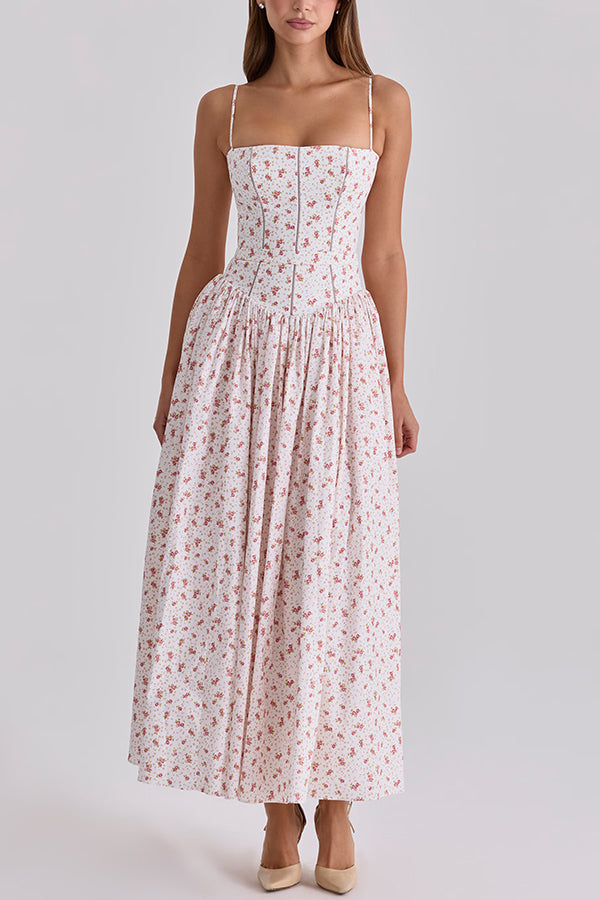 Romantic Countryside Stretch Cotton Blend Floral Print Cutout Trim Slip Midi Dress