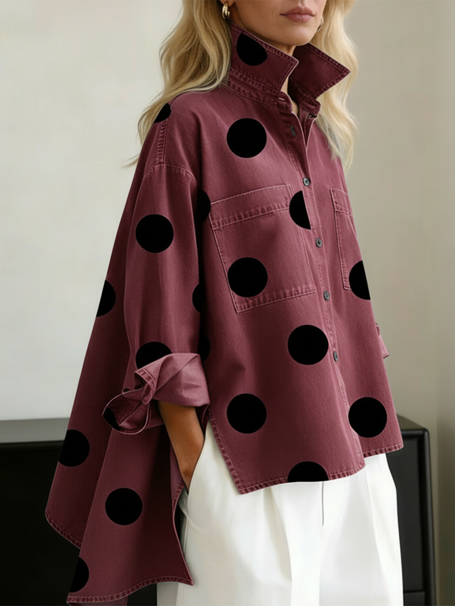Elegant Artistic Polka Dot Print Stand-collar Denim Top