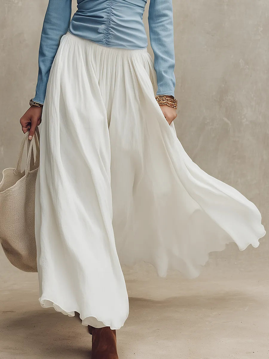 Romantic Blue Ruched Top & White Flowing Maxi Skirt Set