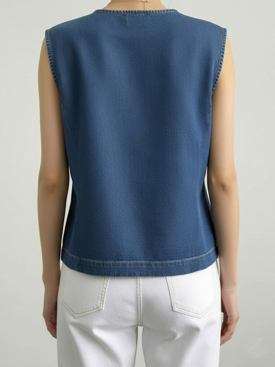 Women's Round Neck Sleeveless Loose-fitting Casual Denim Top