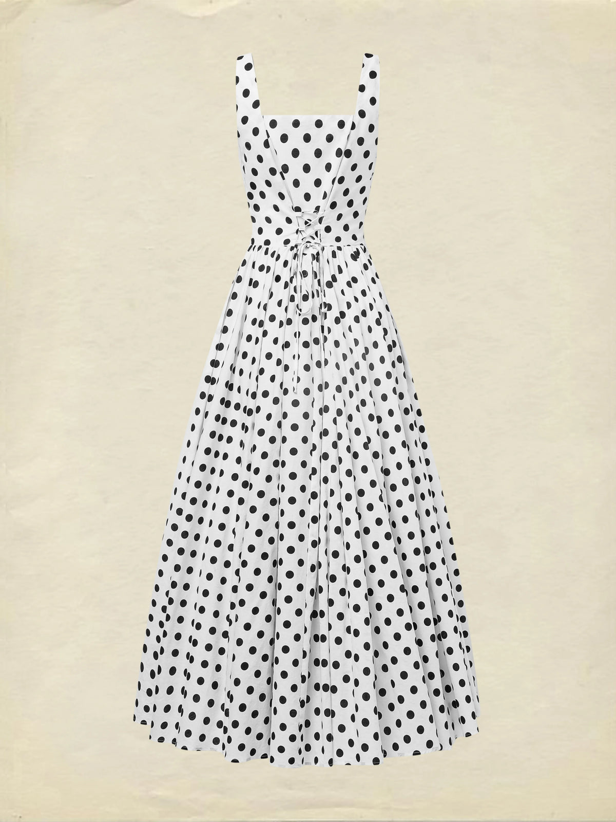 Maxi Cotton Dress , Sleeveless, Square Neck, Polka Dots, Suspenders, Vintage, White
