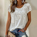 Women's Retro White Floral Embroidered Casual T-shirt