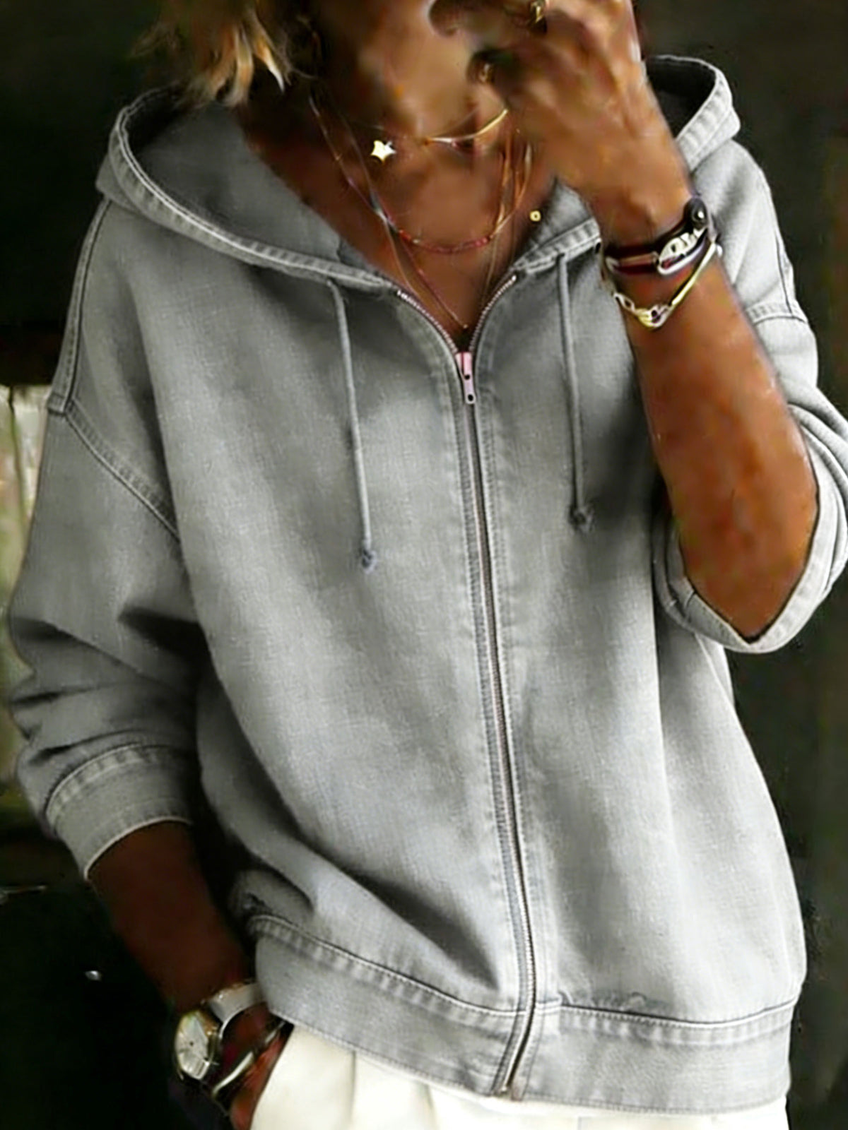 Women's Casual Long Sleeve Denim Zipper Hoodie Coat