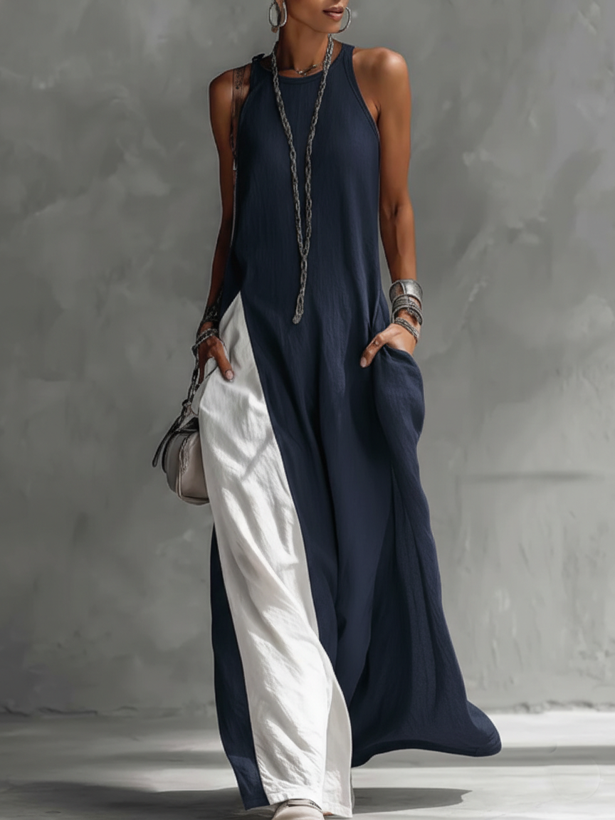 Casual And Cozy Color-blocked Cotton Dress