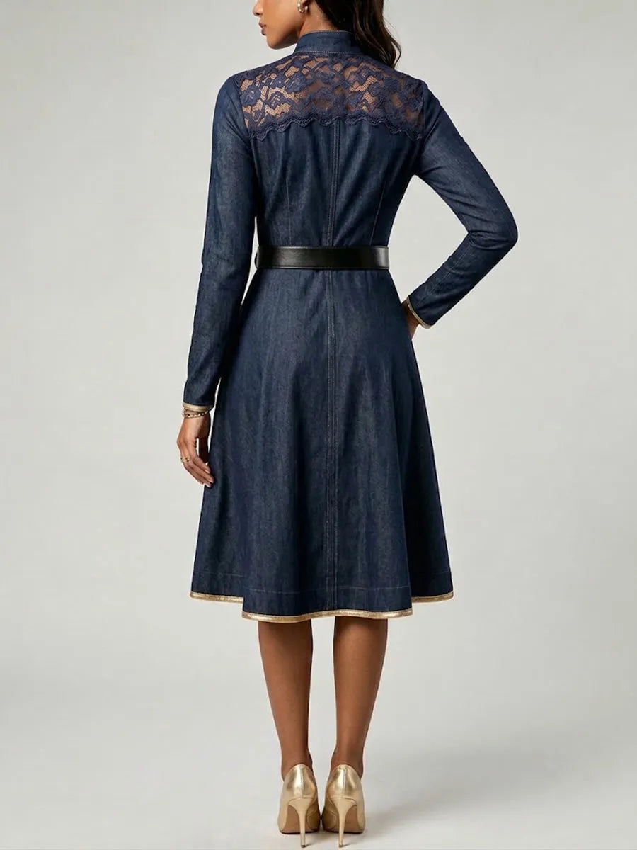Elegant And Refined Patchwork Denim Dress With Lace And Button Details.