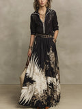 Elegant Black Artistic Print Blouse & Maxi Skirt Set