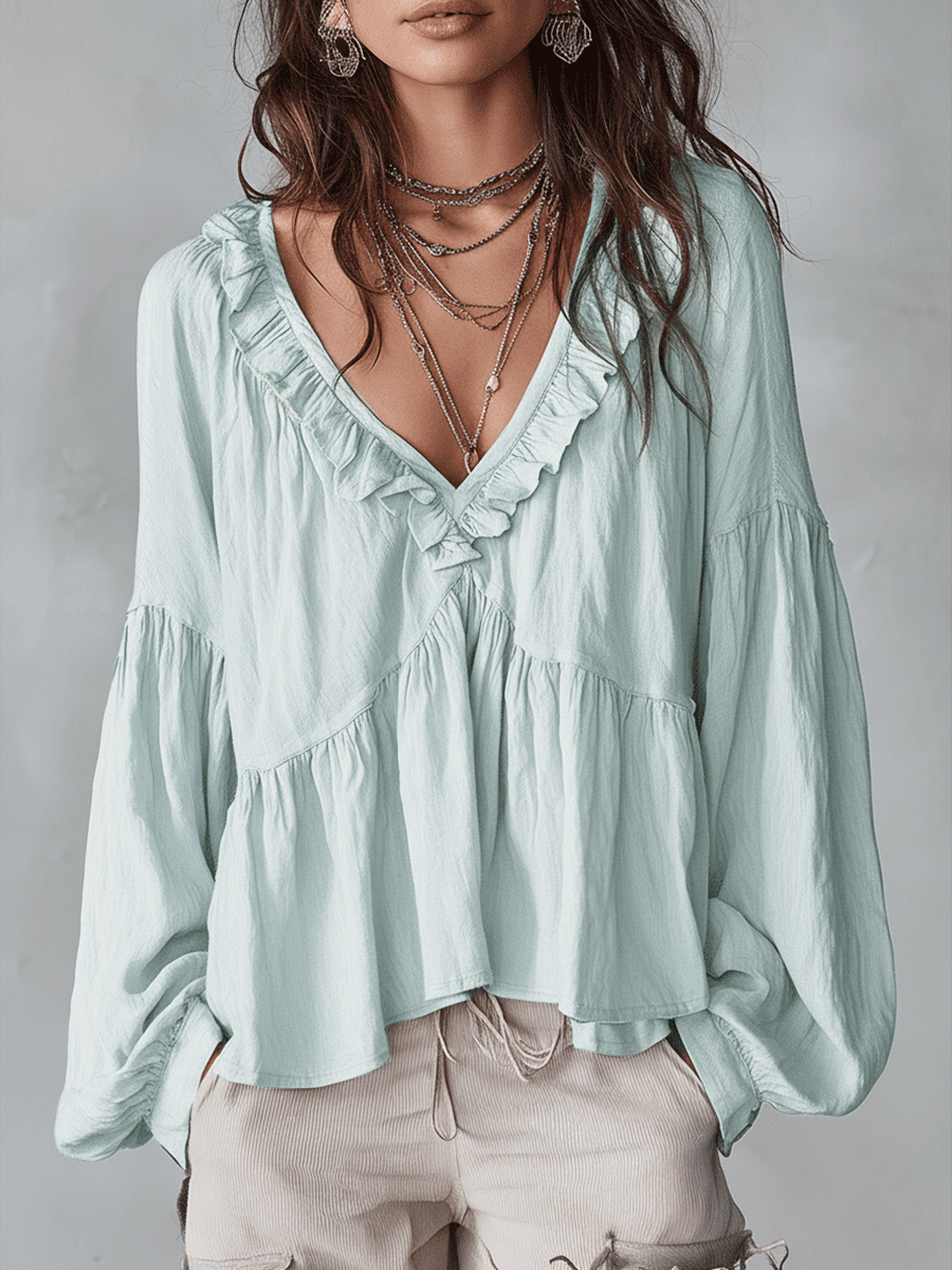 Airy Vintage-Inspired Ruffle Soft Ruffle Bohemian Blouse