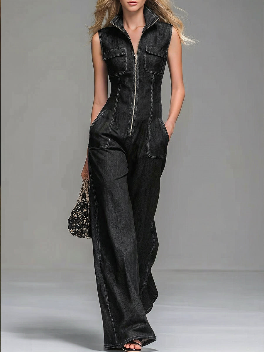 Women's Casual 100% Cotton Zip-up Denim Jumpsuit