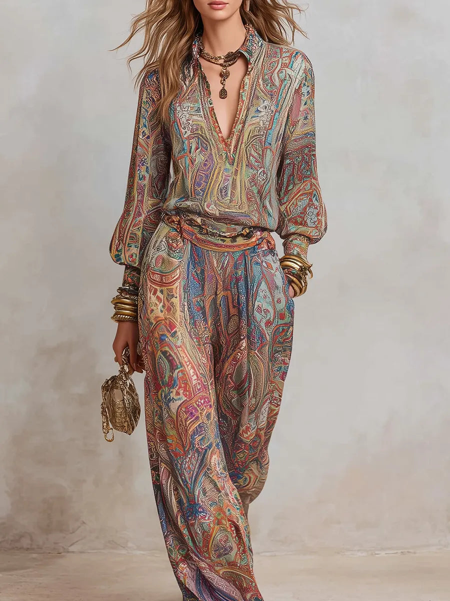 Exquisite paisley print wide leg pantsuit