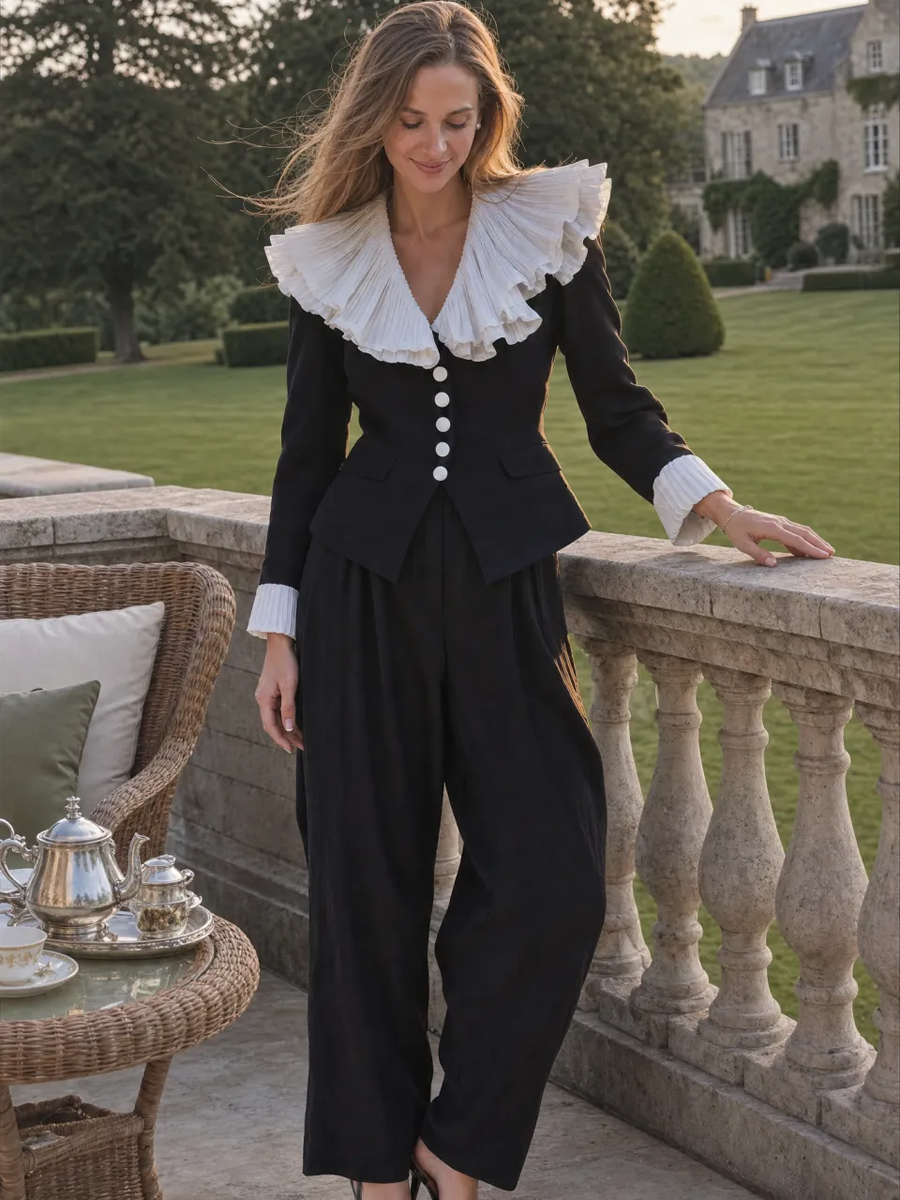 Romantic Black Pleated Ruffle Collar Balloon-Pants Set