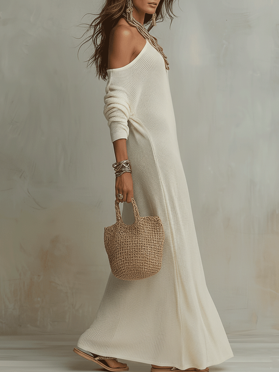 Bohemian One-Shoulder Textured Maxi Dress In Soft Ivory
