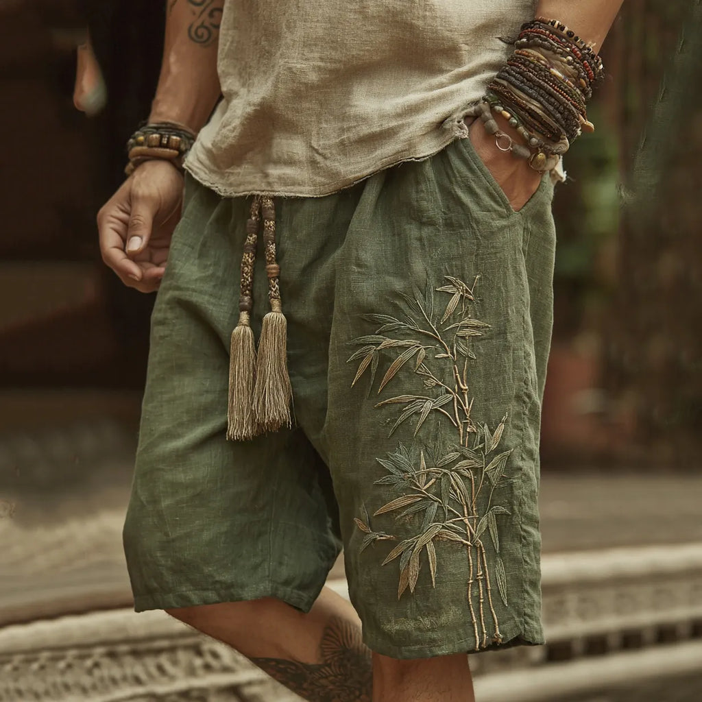 Japanese Bamboo Embroidery Art Linen Blend Casual Shorts