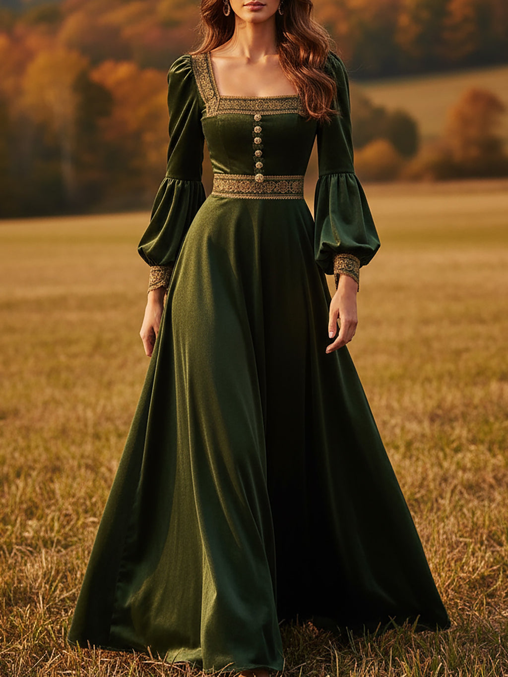 Maxi Cotton Dress, Long Sleeves, Square Neck, Plain, Lace, Vintage, Green