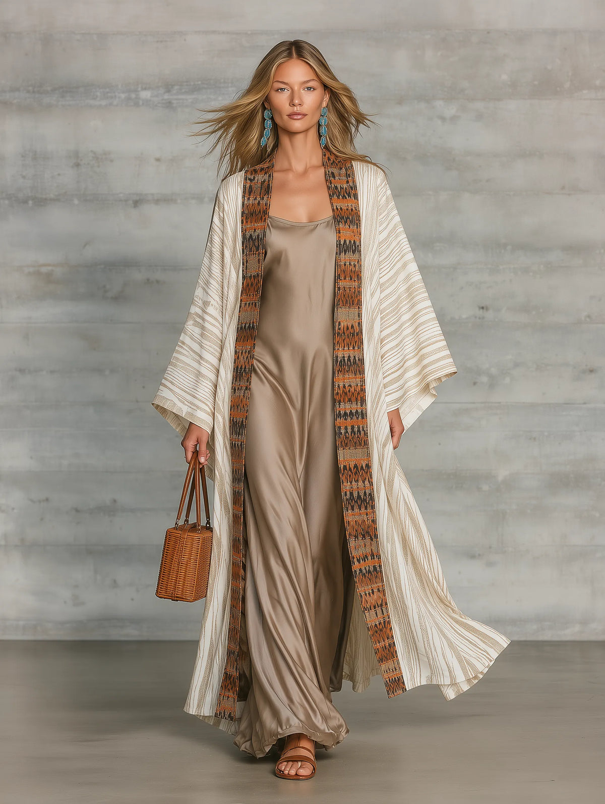 Boho Printed Kimono Cardigan with Satin Slip Maxi Dress Set