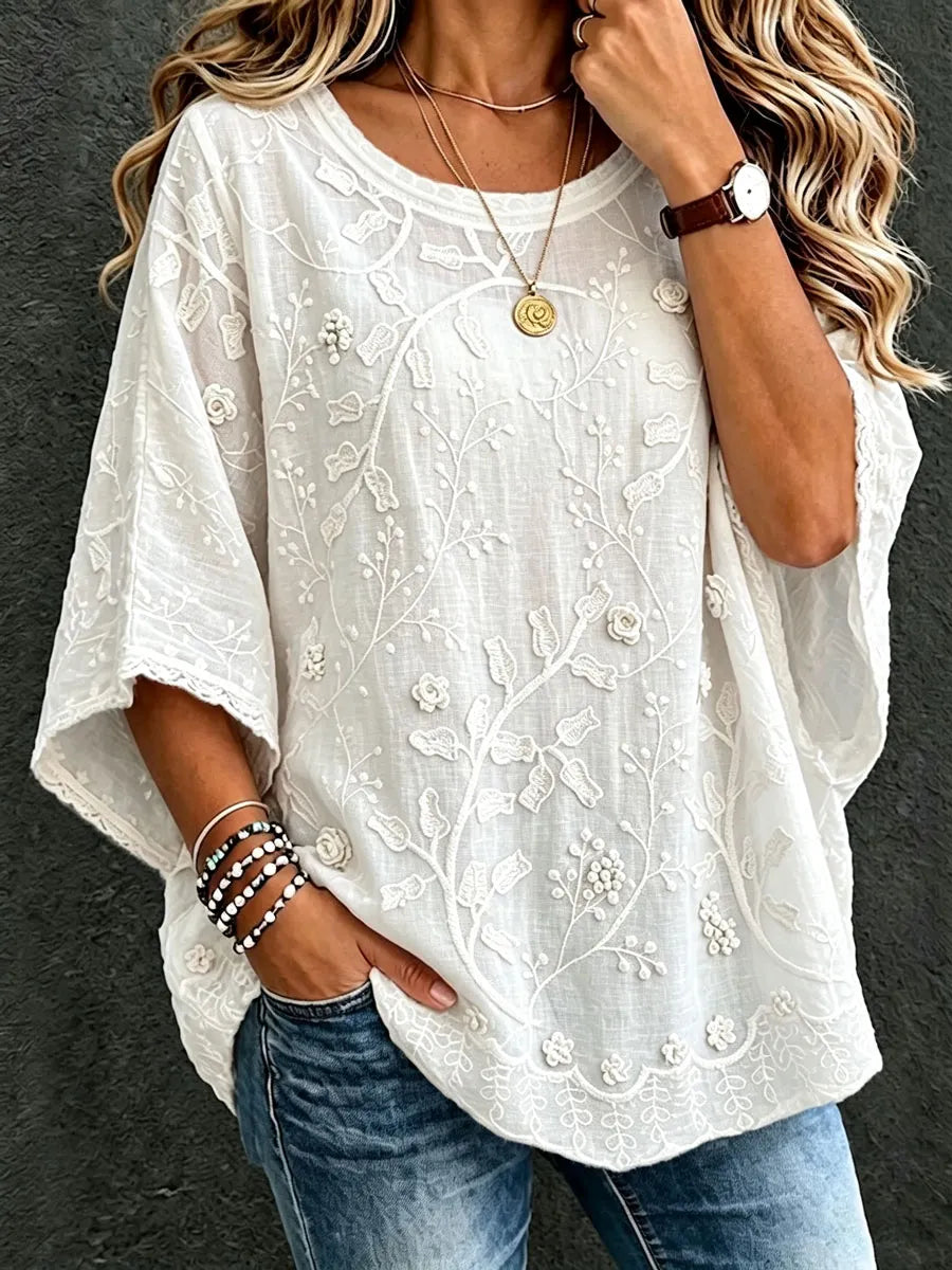 Women'S Cotton Linen Flower Casual Loose Top