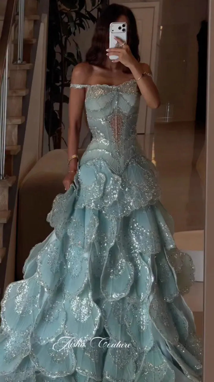 Off‐Shoulder Petal Sequin Ball Gown