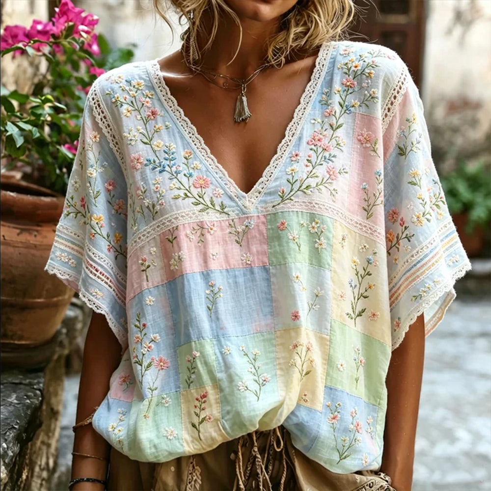 Women's Floral And Lace Art Embroidery Splicing Fresh Color Linen Comfortable Short Sleeve V-neck Top