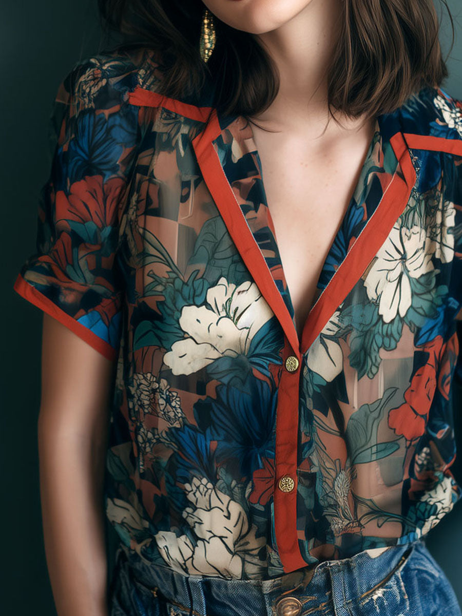 Vintage Sheer Floral Print Blouse With Contrast Trim