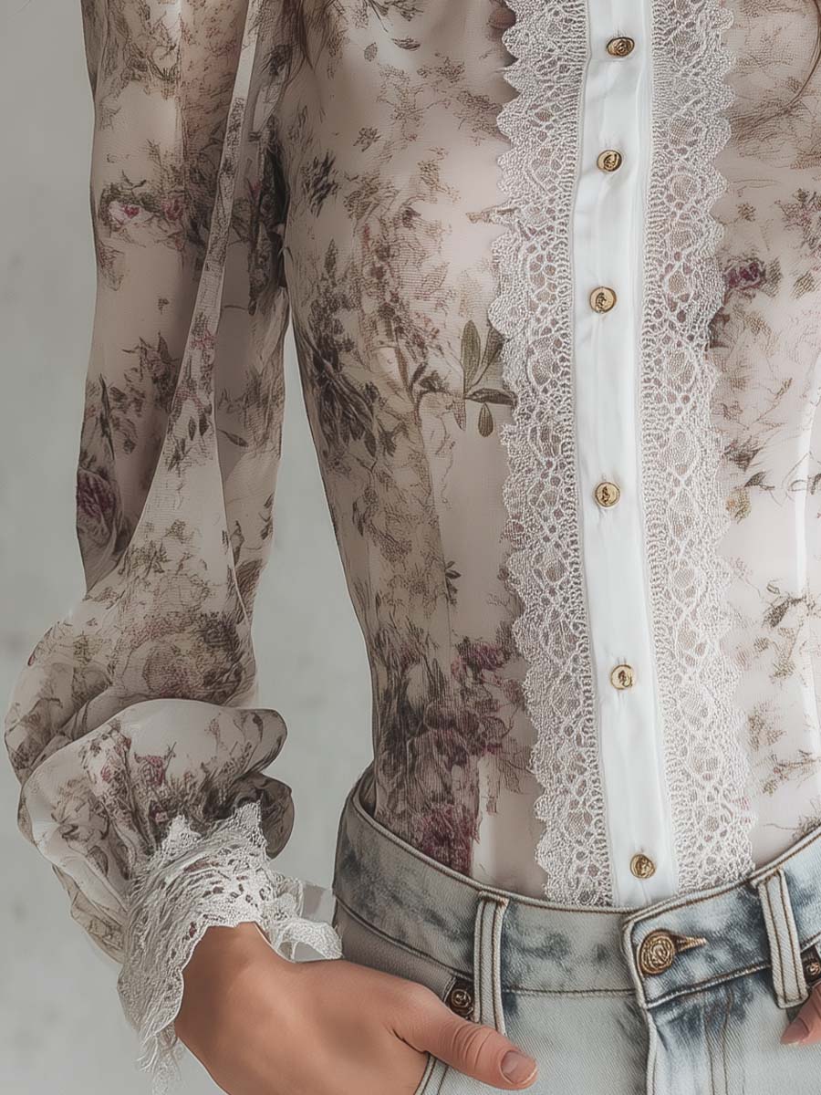 Victorian Style Floral Chiffon Blouse