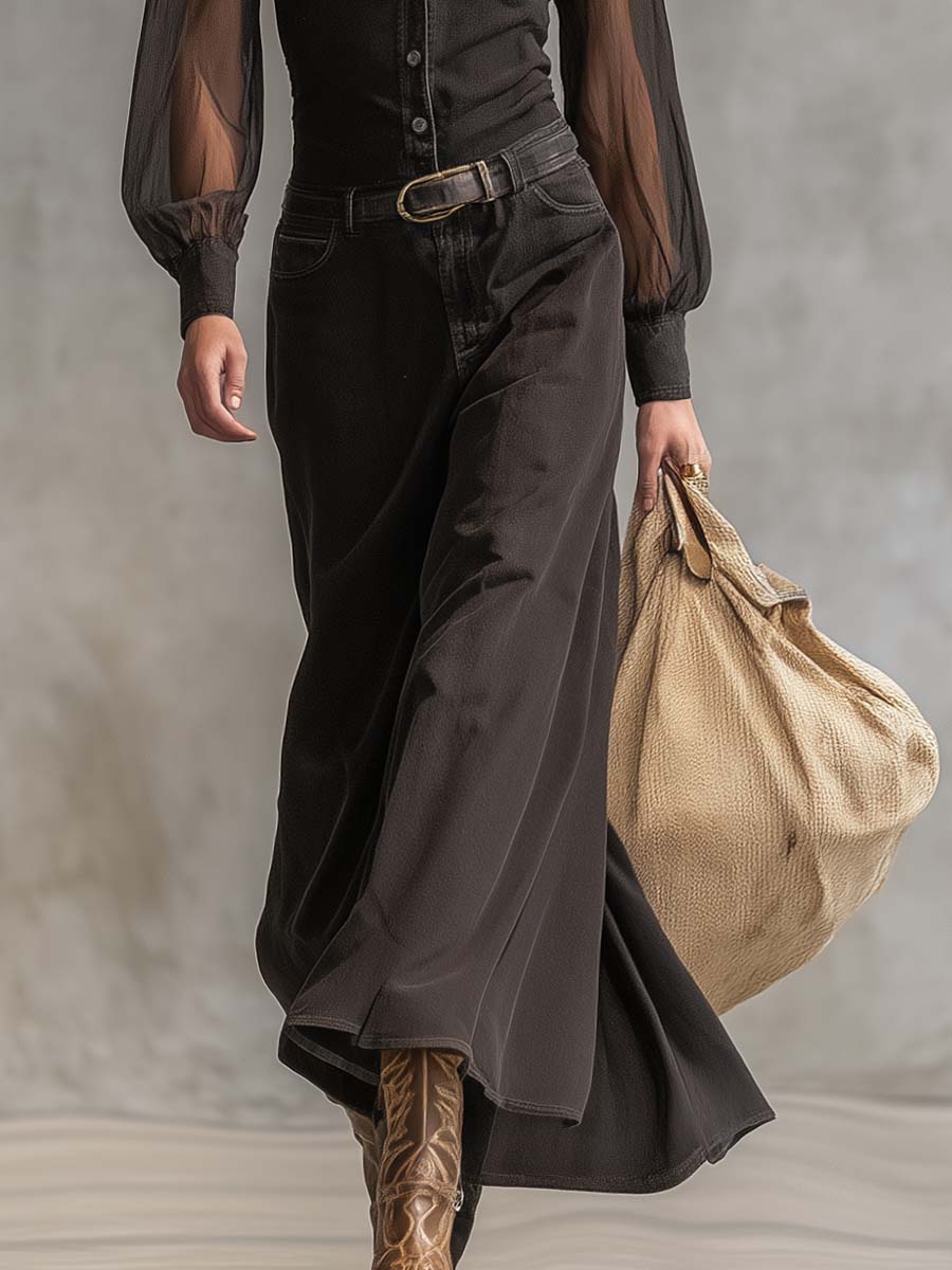 Vintage Western Front Button V-Neck Transparent Long Sleeve Black Denim Maxi Dress