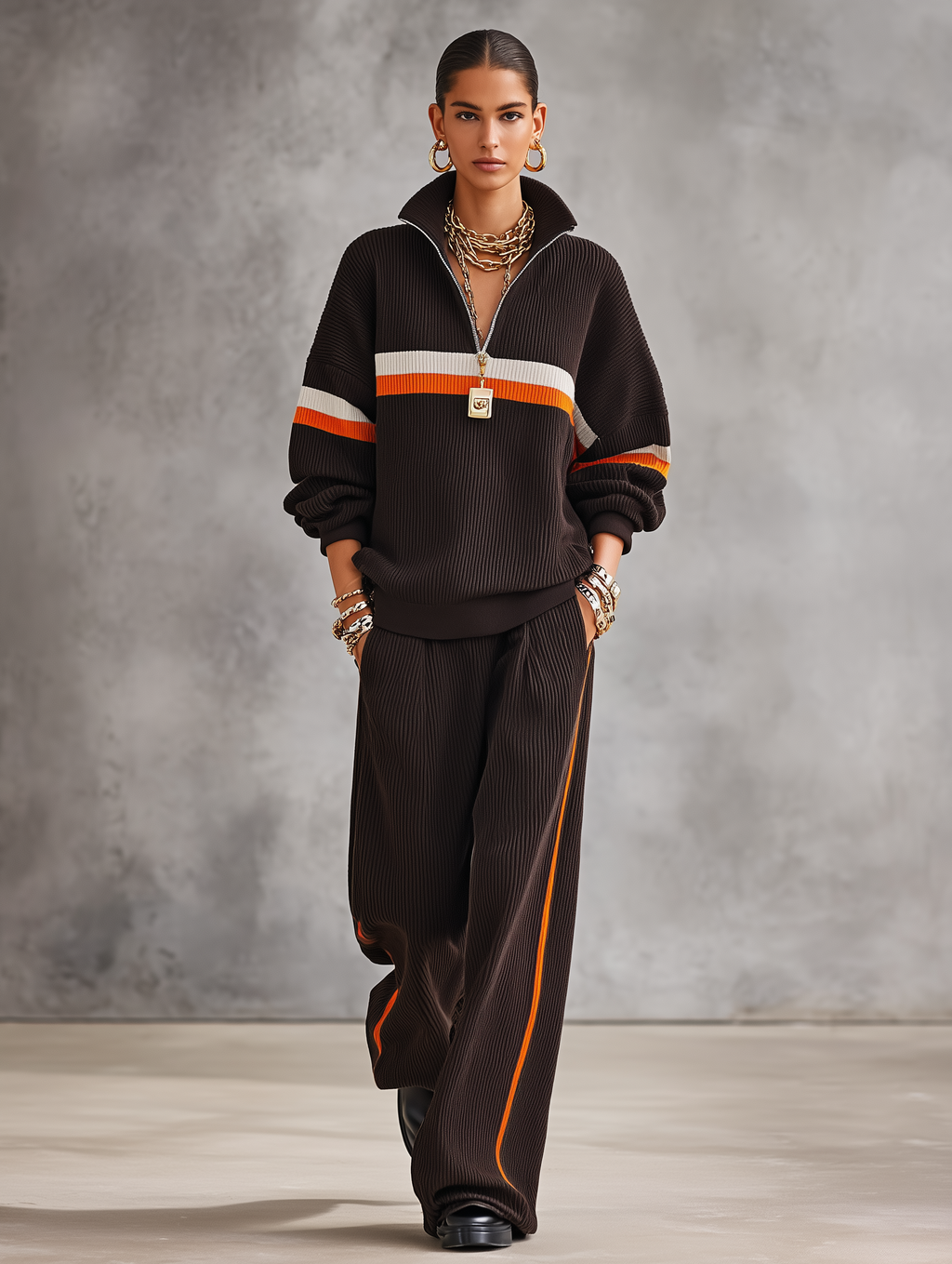 Sporty Retro Knit Relaxed-Fit Chocolate Brown Two-Piece Tracksuit Set