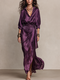 Bohemian Plum-colored Satin Shirt And Skirt Suit