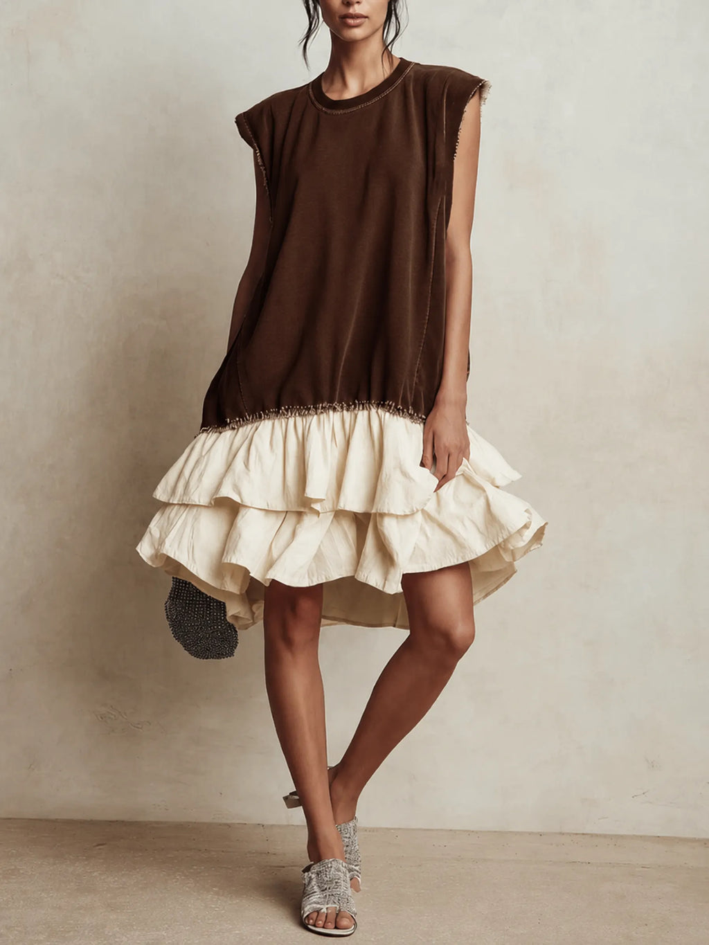 Contrast Raw Edge Tiered Ruffle Hem Sleeveless Mini Dress | Color Block Casual Loose Fit Vacation Dress