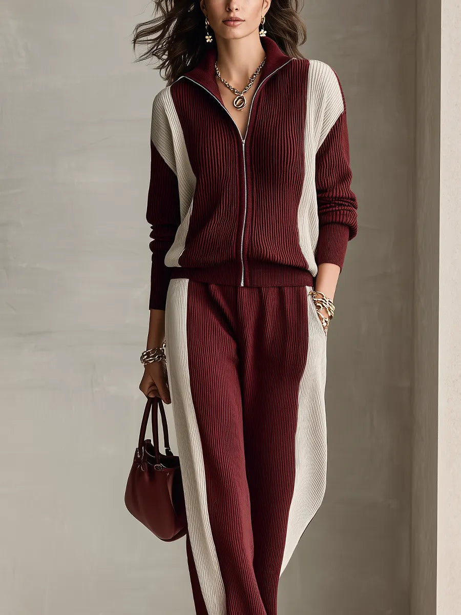 Casual Burgundy Color-blocked Knitwear Set