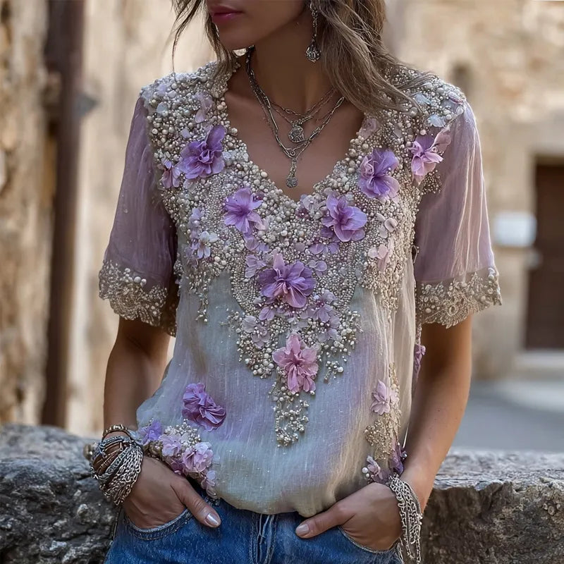 Vintage Purple Flowers Embroidered V Neck Linen Shirt