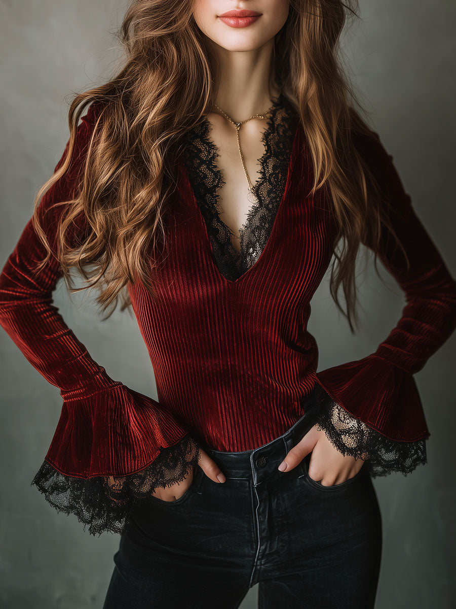 Romantic Burgundy Pleated Velvet Blouse With Black Lace Trim
