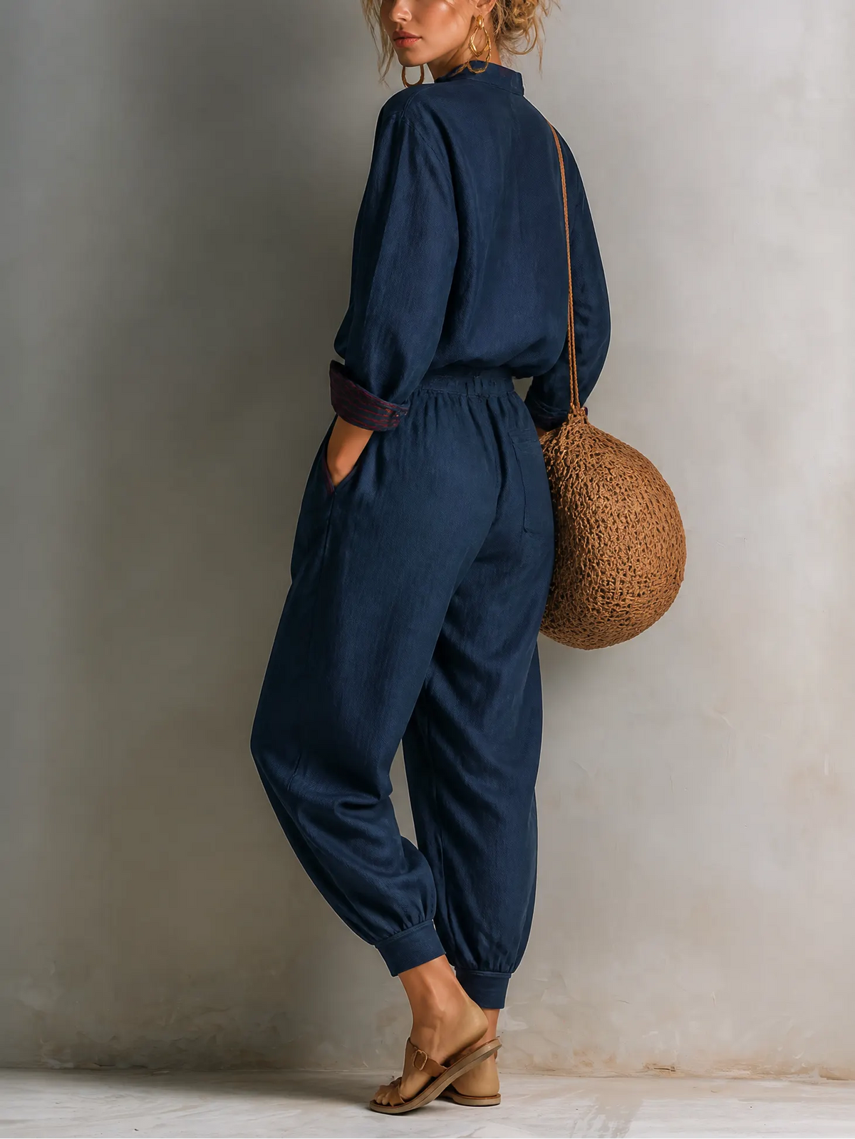 Women's Casual V-Neck Long Sleeve Top and Harem Pants Two-Piece Set