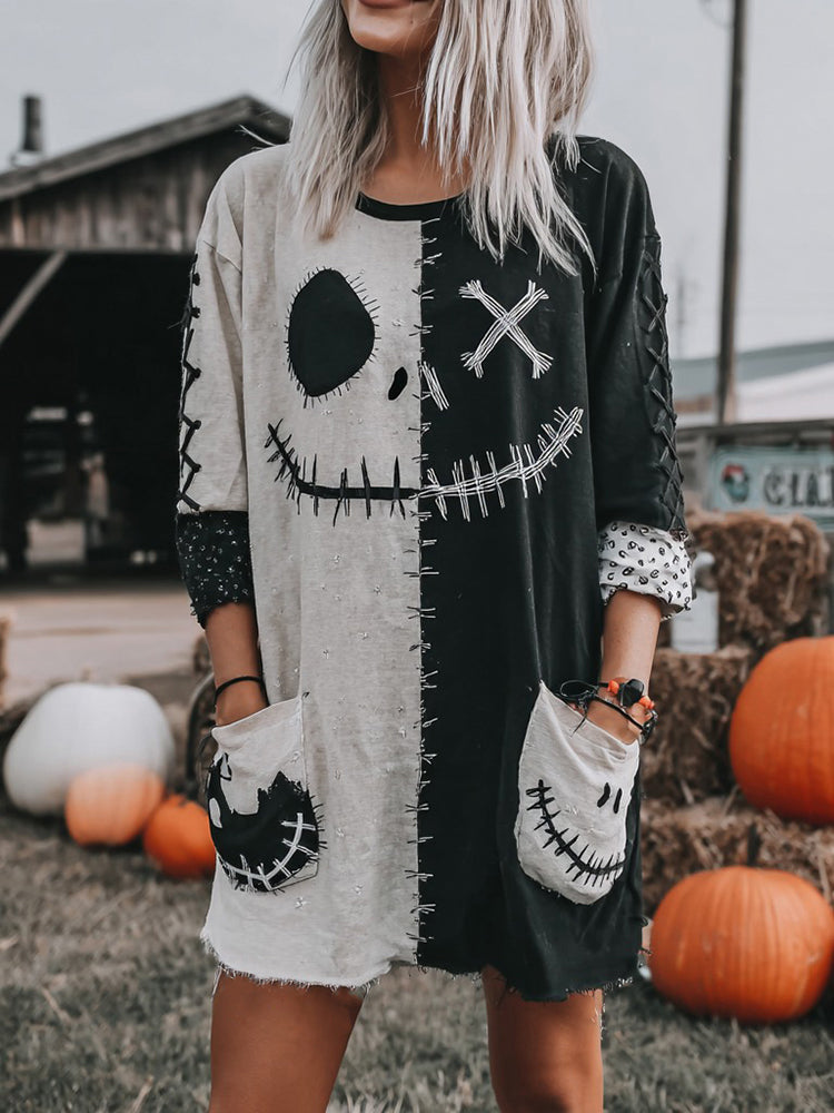Halloween Spooky Face Pattern Casual Round Neck Skirt