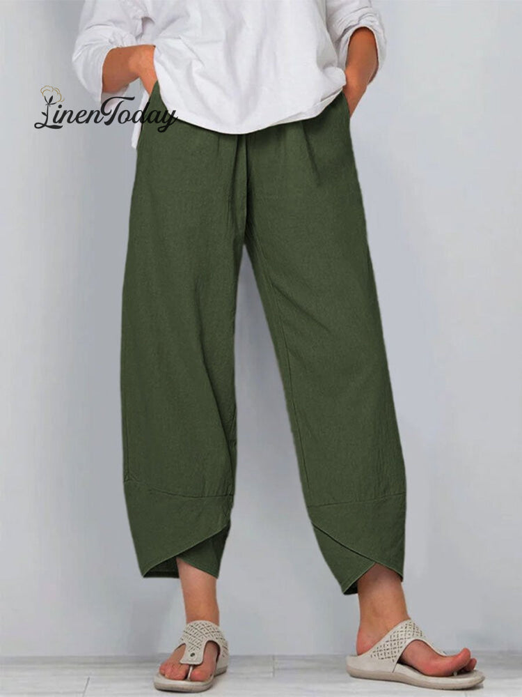 Women's Solid Color Loose Elegant Casual Simple Cotton And Linen Ninth Pants