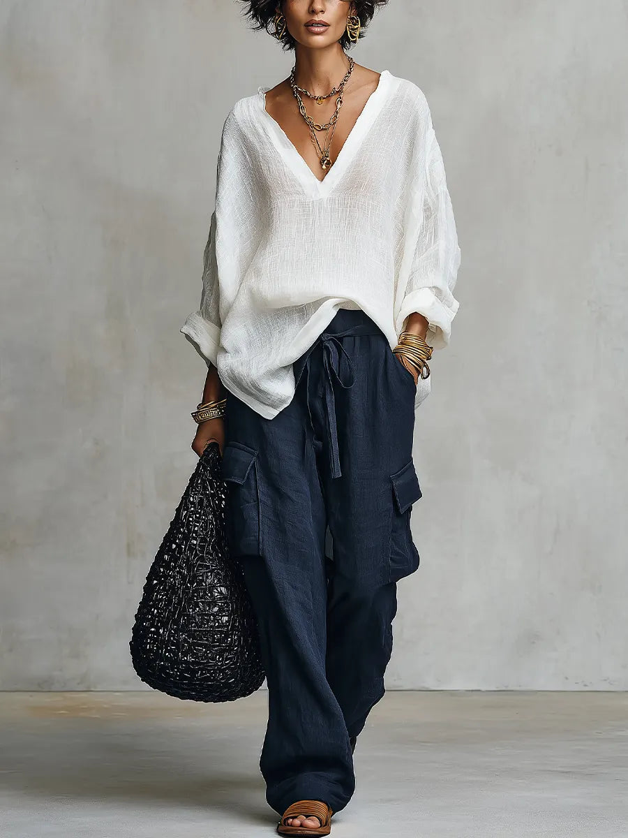 Ivory Natural Linen Shirt And Dark Blue Trousers Suit