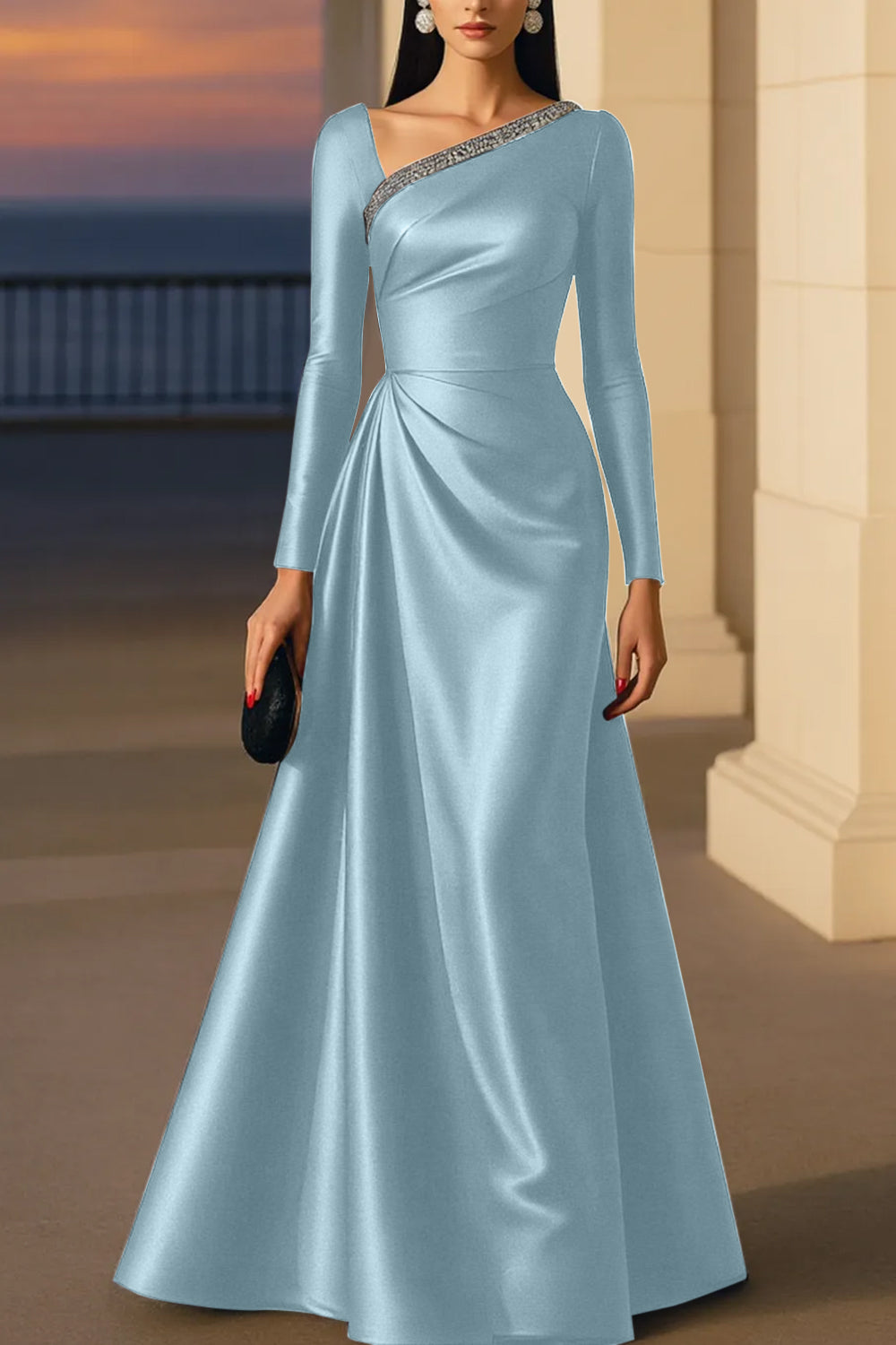 Evening Formal Burgundy Dress Asymmetrical Neck Long Sleeve Maxi Gown