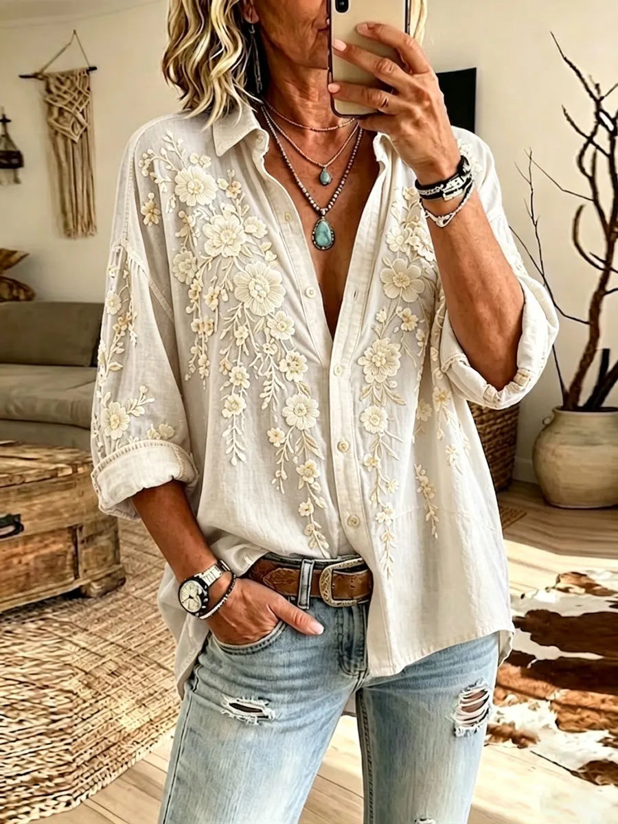 Women'S Cotton Linen Flower Casual Long Sleeve Shirt