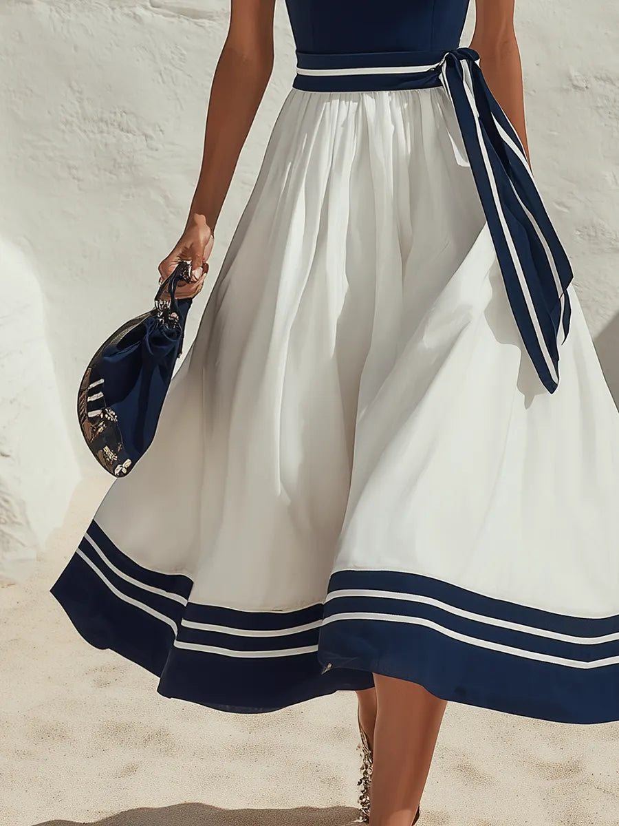 Vacation Sleeveless Navy Blue And White Color-Block A-Line Midi Dress