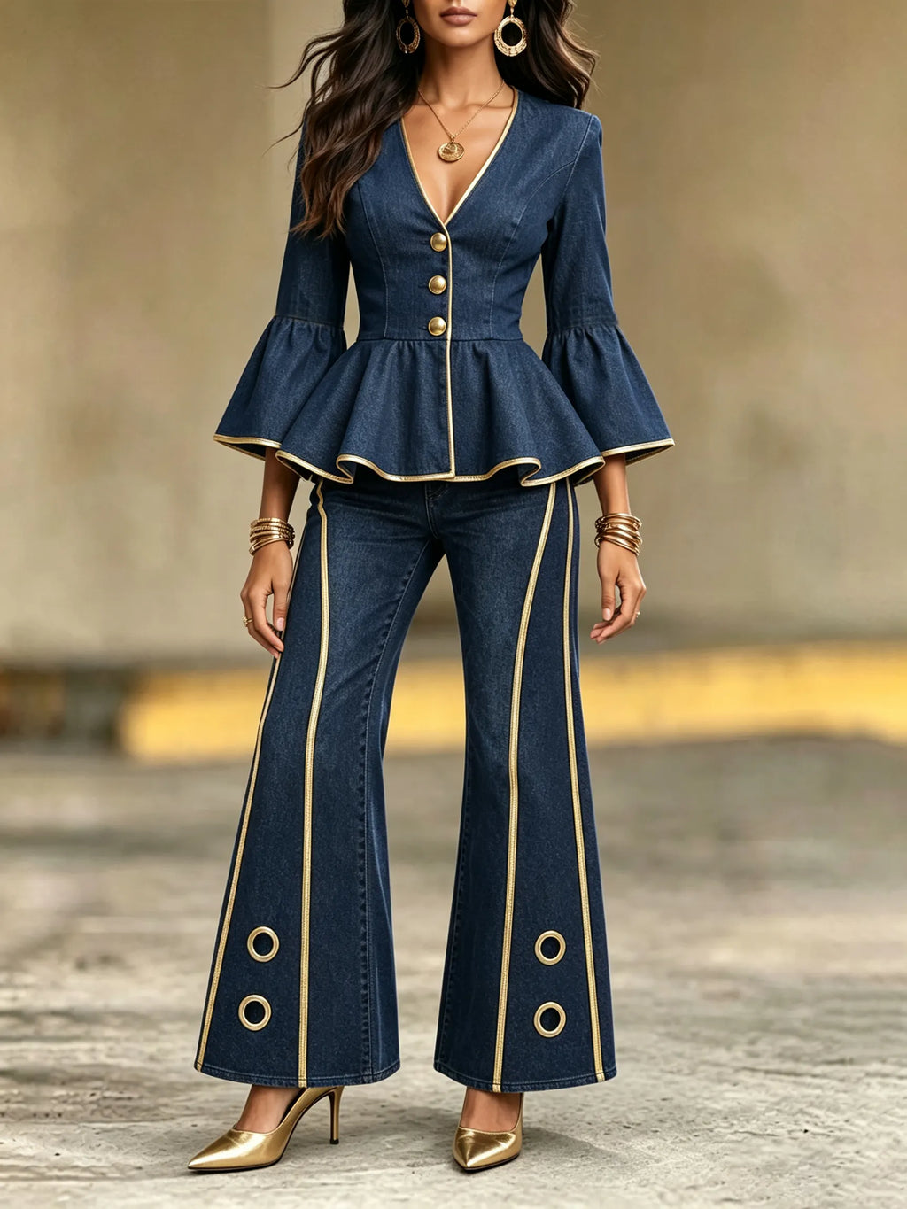 Retro-chic Stretch Denim Flare Jeans With Metallic Gold Accents
