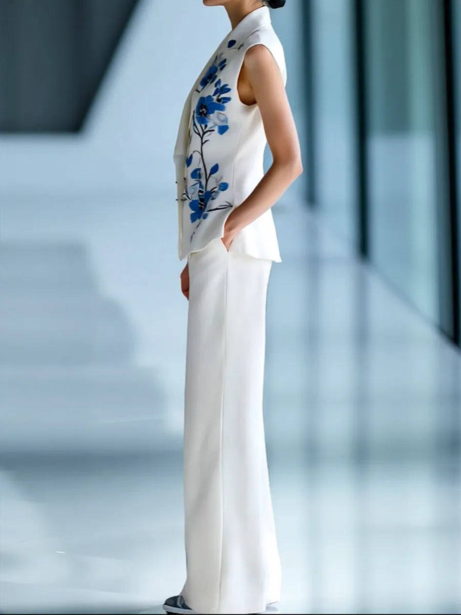 Urban Sleeveless Floral Printed Blazer and Trousers Set