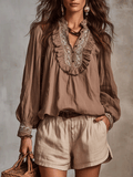 Refined Ruffle-Trim Embroidered Blouse Relaxed Linen Blend Tailored Shorts