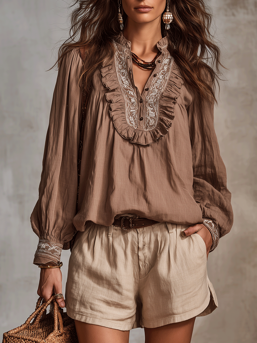 Refined Ruffle-Trim Embroidered Blouse Relaxed Linen Blend Tailored Shorts