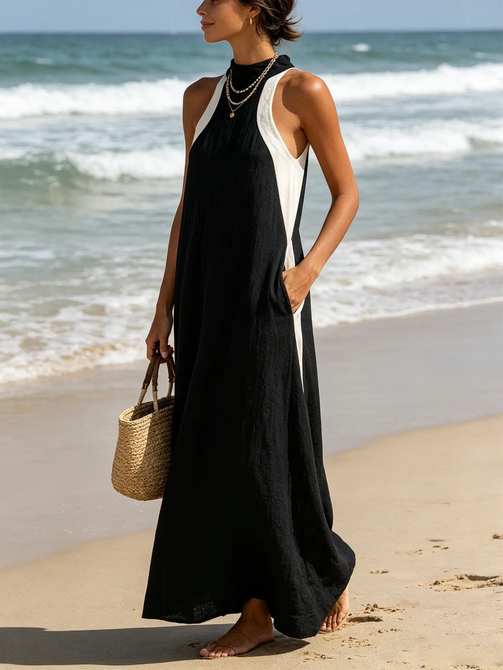 Black White Color Block Halter Linen Maxi Dress