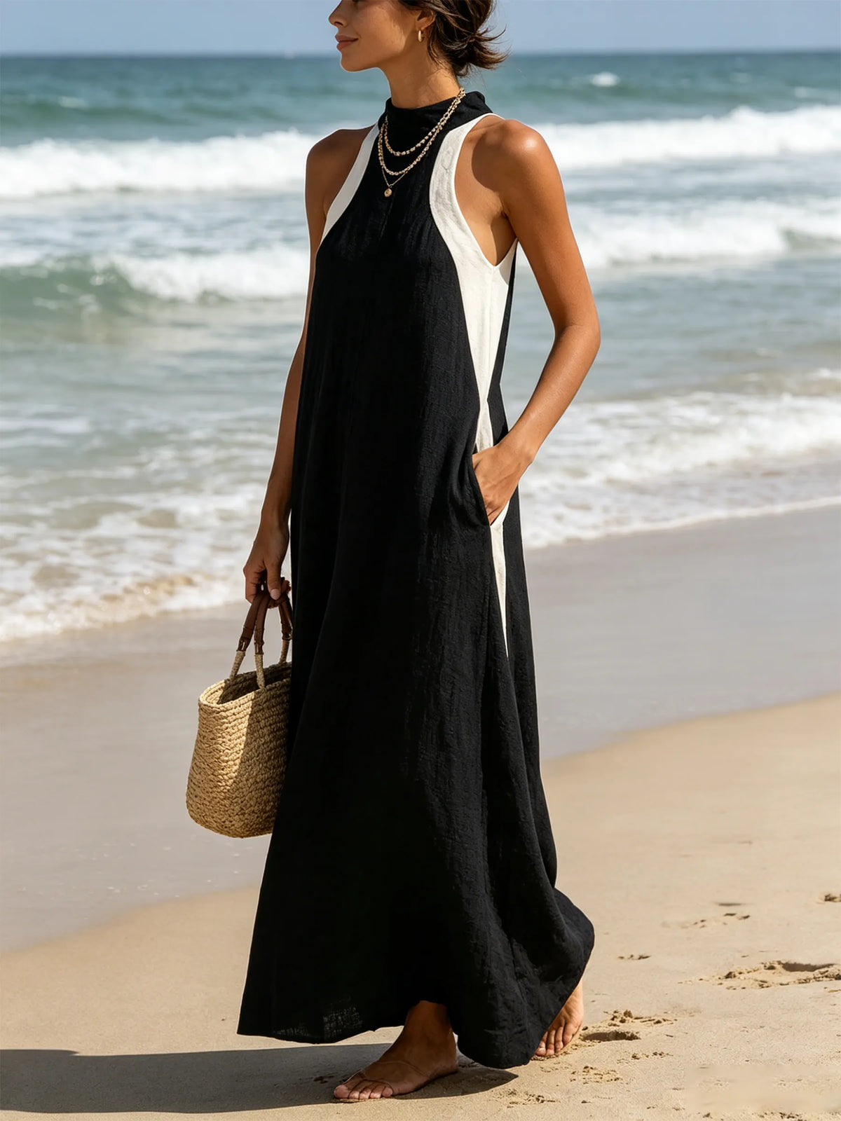 Black White Color Block Halter Linen Maxi Dress