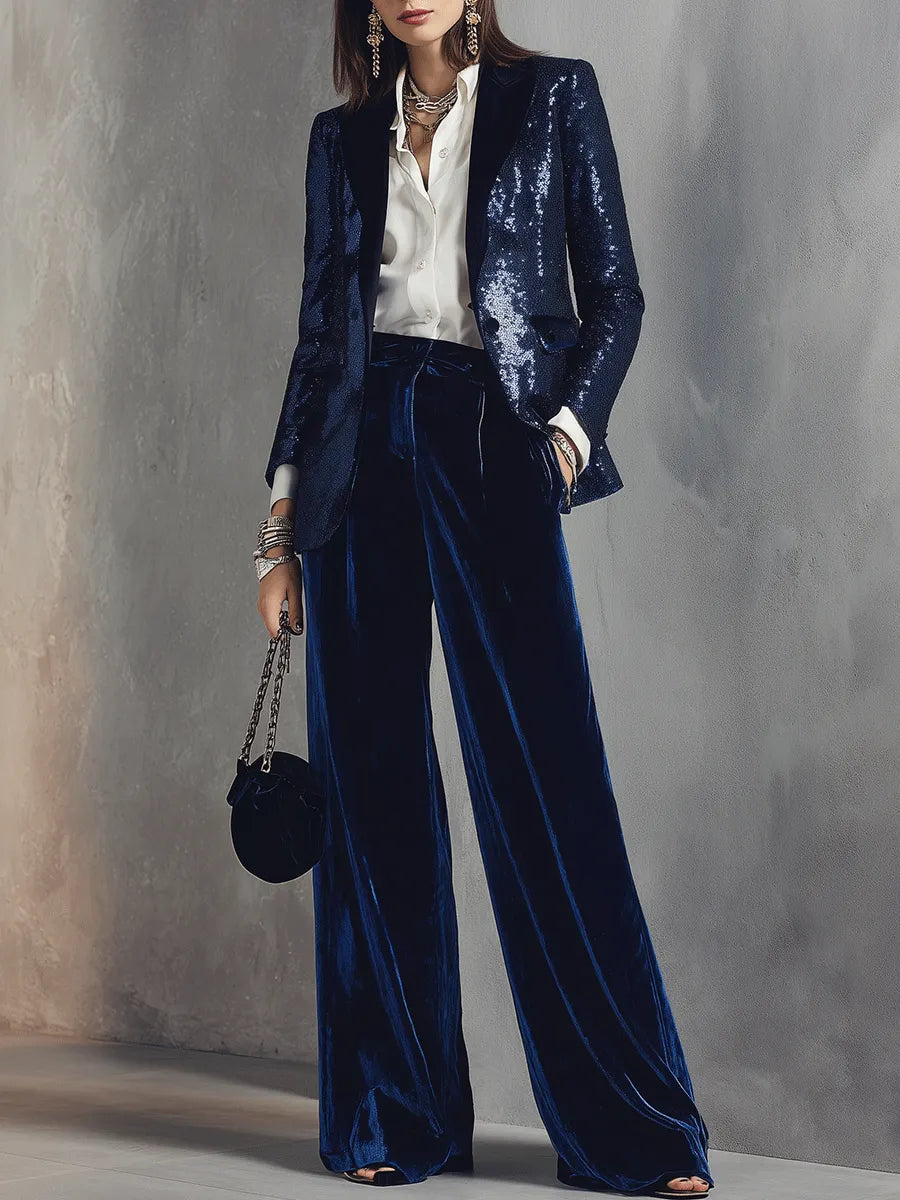 Sequin Blazer & Velvet Wide-Leg Pants Two-Piece Suit Set