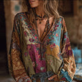 Bohemian Style Embroidered Flower Vacation Long-sleeved V-neck Worn-out Long-sleeved Top